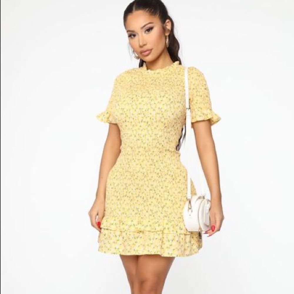 Fashion Nova Yellow Floral Smocked Dress